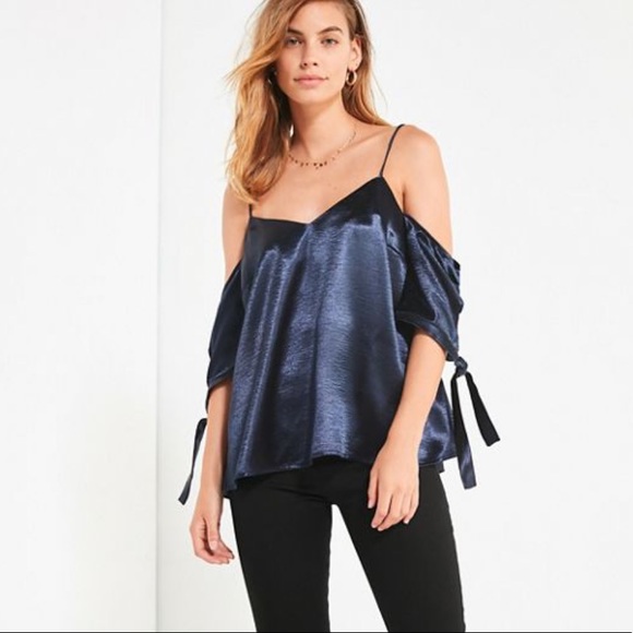 Urban Outfitters Tops - NWT UO Silky Satin Navy Tie Off Shoulder Top